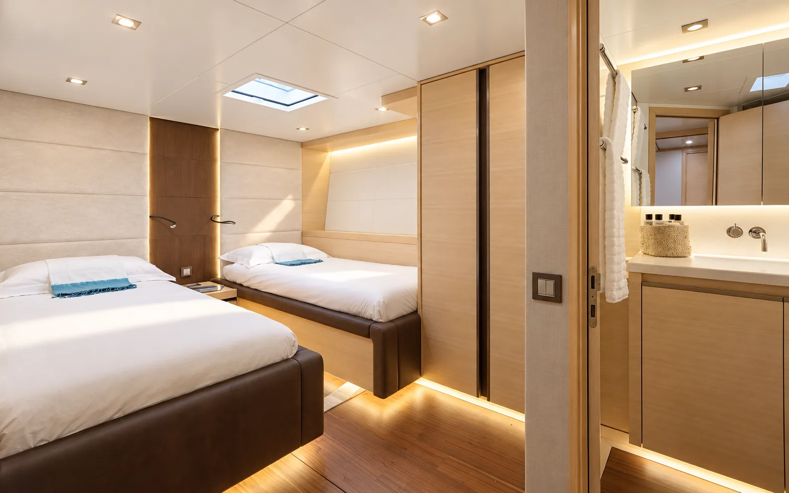 A guest cabin with a double berth