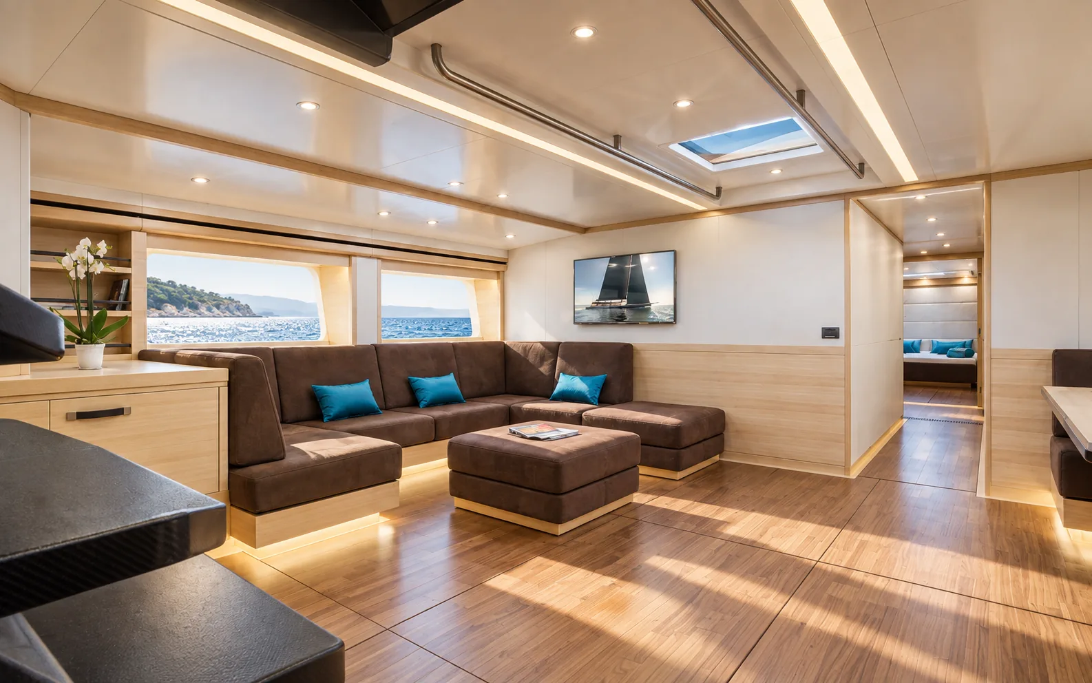 The saloon, with the dining banquette to starboard and the lounge to port