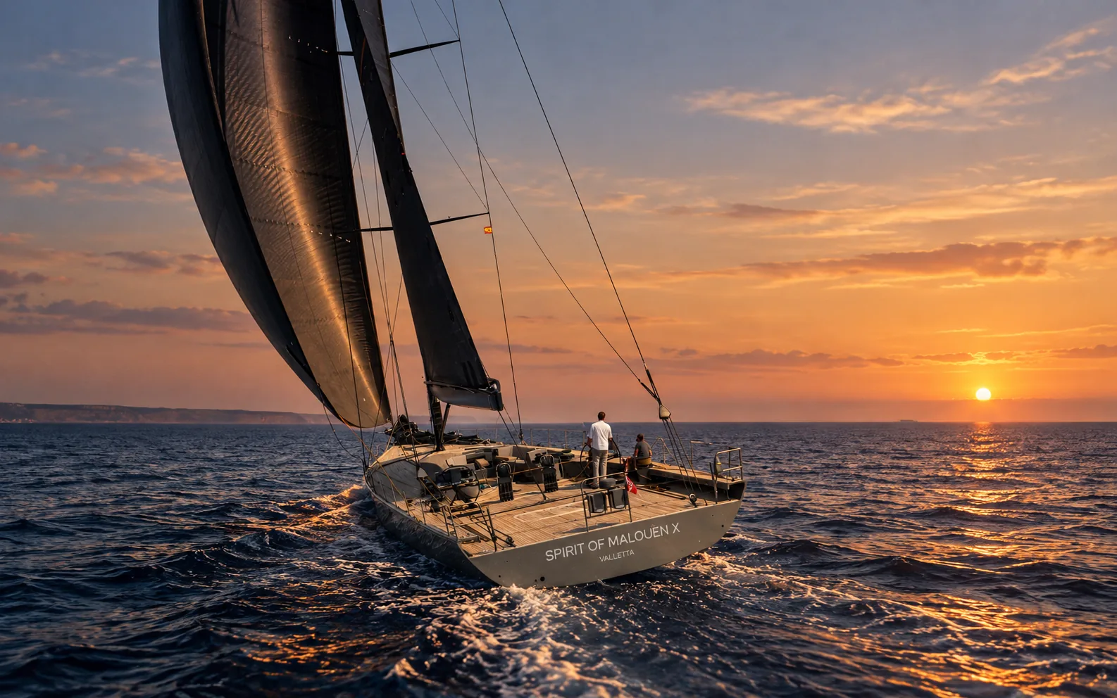 The yacht from the air, running downwind under a white gennaker