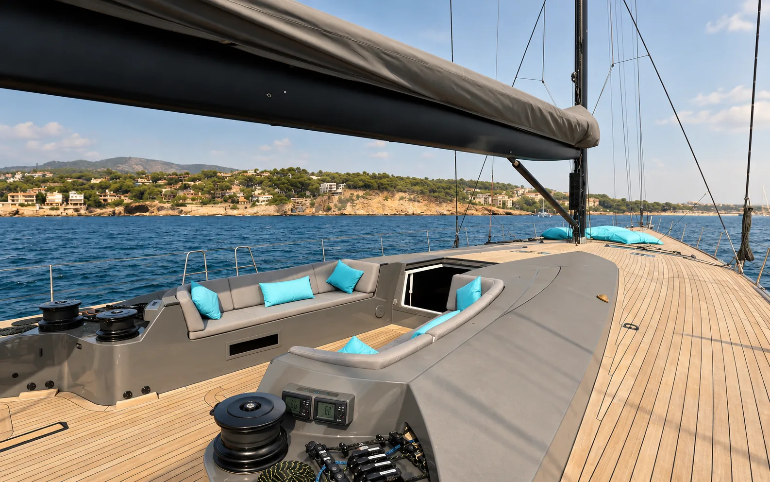The guest cockpit with turquoise cushions